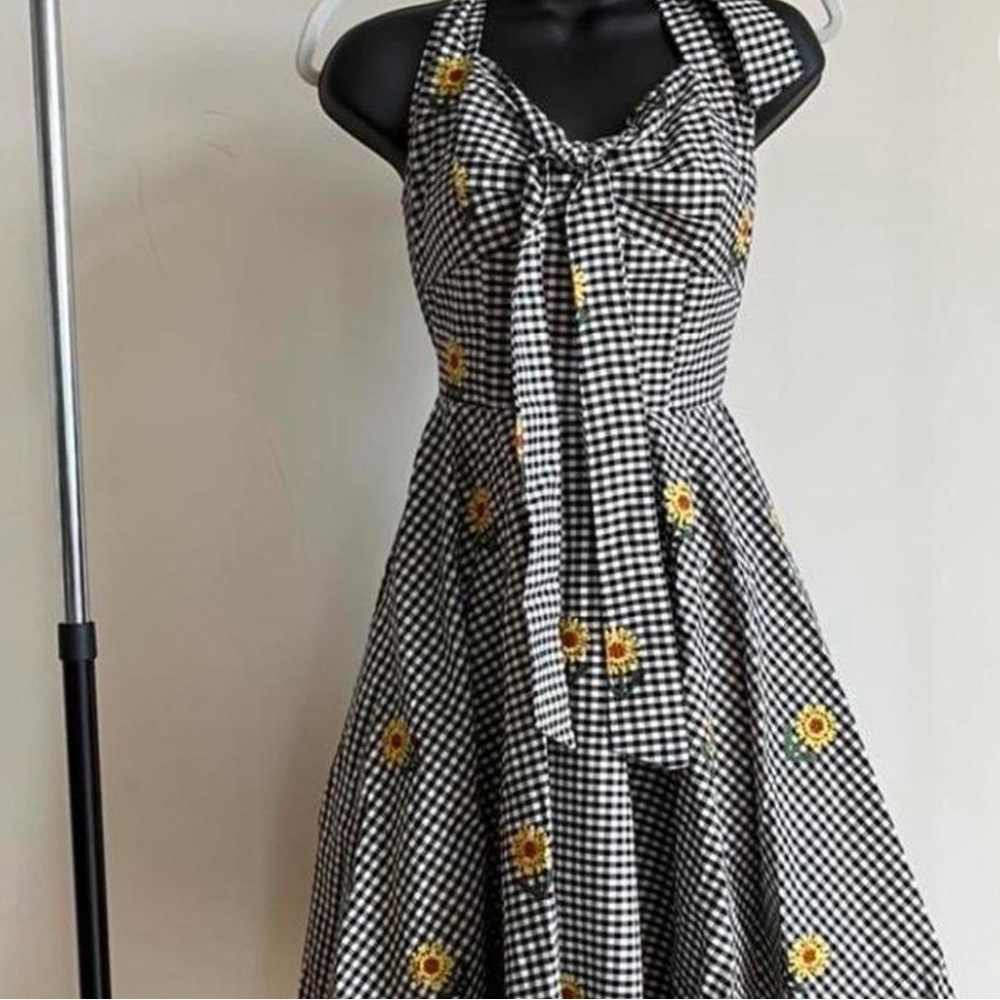 Modcloth timeless sunflower embroidered gingham halter dress